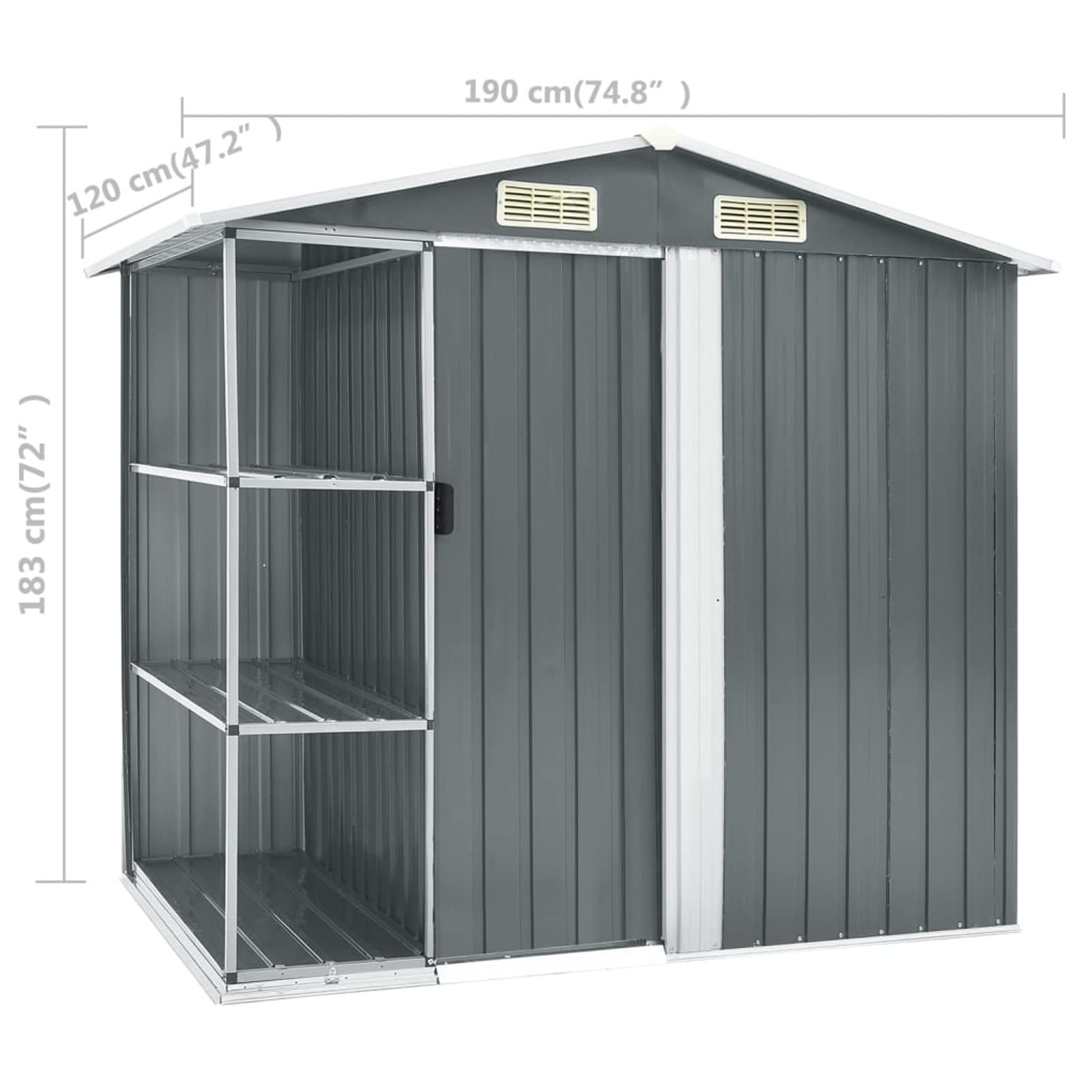 Szopa ogrodowa z półkami w kolorze szarym 205 x 130 x 183 cm, żelazna, szopa na narzędzia, szopa z blachy stalowej z pochylonym dachem, schowek na narzędzia z drzwiami przesuwnymi