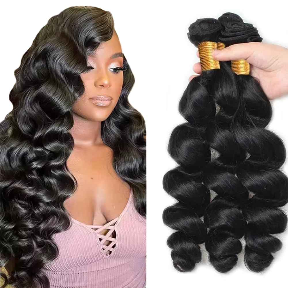Loose Wave Bundles Human Hair 1B Loose Body Wave Bundle 24 26 28 Inch Unprocessed Virgin Remy Natural Black Loose Wave Hair Extensions 50 Gram Per Bundle