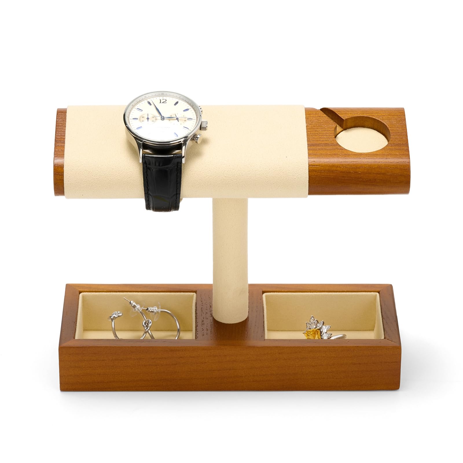 ANVLOJRIH T-Shaped Multifunctional Watch Stand in Beige Watch Organiser with Charging Slot & Storage Compartments for Rings Necklace and Earrings