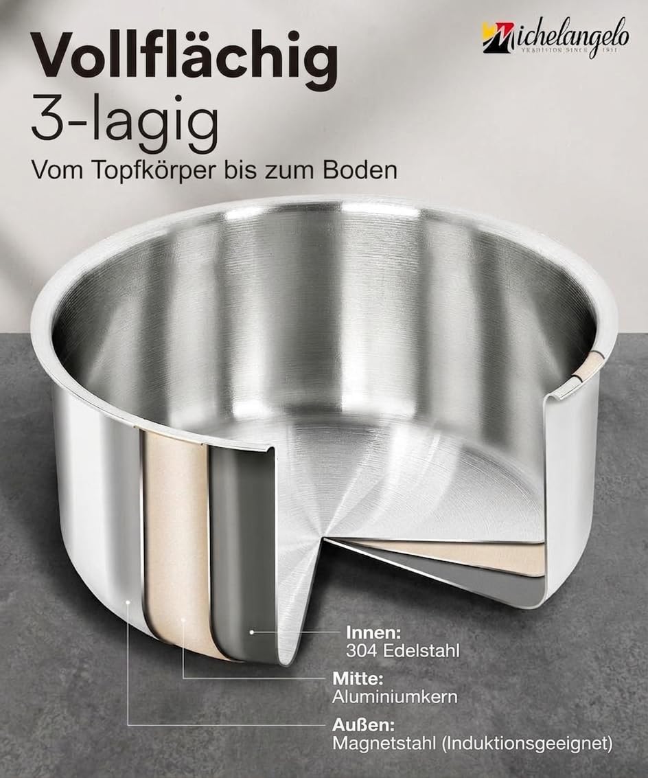 MICHELANGELO 14-teiliges Topfset Induktion, Edelstahl, abnehmbare Griffe | Stapelbares Kochgeschirr Set | Durchgehend 3-lagig | Platzsparend für Camping & Wohnmobil | Topf- und Pfannenset