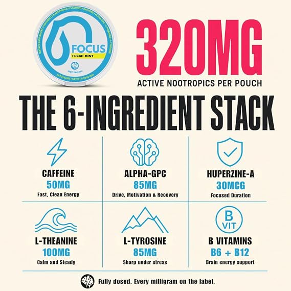 Nectr Focus+ Nootropic Pouches - 320mg Synergistic Nootropic Stack - Nicotine-Free, Sugar-Free Cognitive Pouches - Fresh Mint- 5 Count