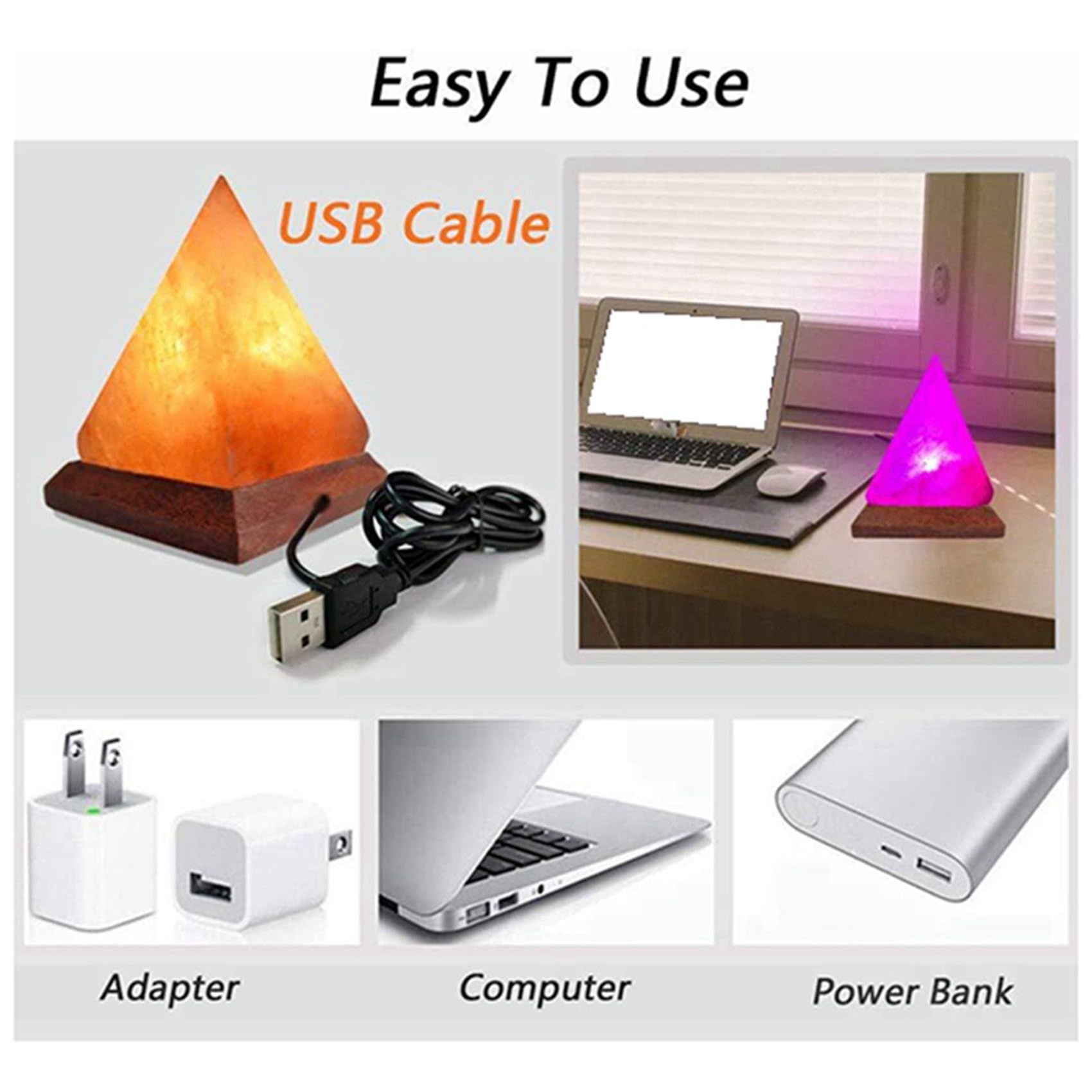 3X Lampe de Sel en Cristal de L'Himalaya USB LED Lampe en Cristal de Sel Pyramide Lampe DéCorative en Cristal Lampe D'Ambiance AtmosphèRe