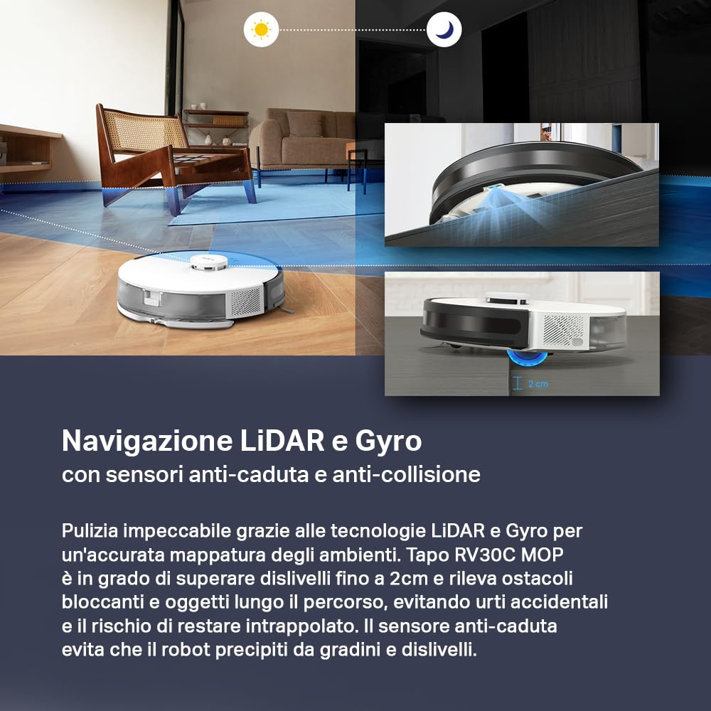 Tapo RV30C Mop Robot Aspirapolvere Lavapavimenti, Aspirazione Potenza 4200Pa, Navigazione LiDAR, Mappatura Rapida, Batteria da 3200mAh, Adatto a Pavimenti e Tappeti, Controllo Alexa & Google