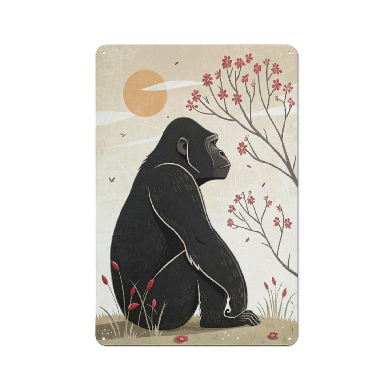 Junmoney Style-8 Tin Wall Plaque 30X20cm With Gorilla Sitting Under Cherry Blossoms For Guest Room Or Hallway, For Updating Guest Room And Hallway After Moving