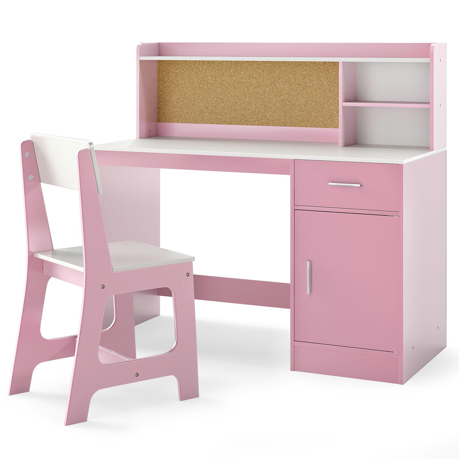 RELAX4LIFE Set Scrivania e Sedia per Bambini, Tavolo da Scrittura in Legno con Sedia, Ripiano, Bacheca, Cassetto, Armadio per Lettura, Disegno, Set di Tavoli da Studio per Bambini (Bianco+Rosa)