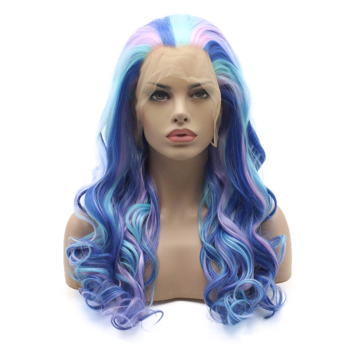 Lushy Long 24inch Wavy Three Tone Mix Blue and Purple and Pink Wig Heavy Density Heat Resistant Realistic Synthetic Lace Front Wigs