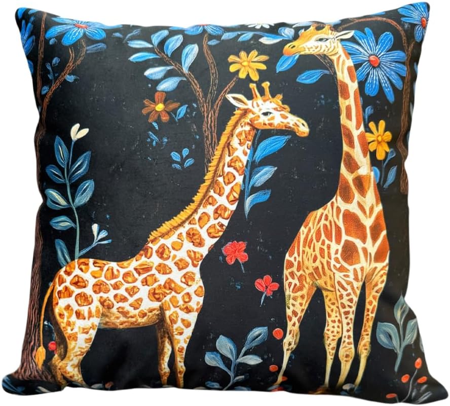 Vintage Illustration Giraffe Floral Forest Throw Pillow Case, 24x24 Inch Double-Sided Black Botanical Cushion Cover for Sofa, Bedroom, Living Room Decor