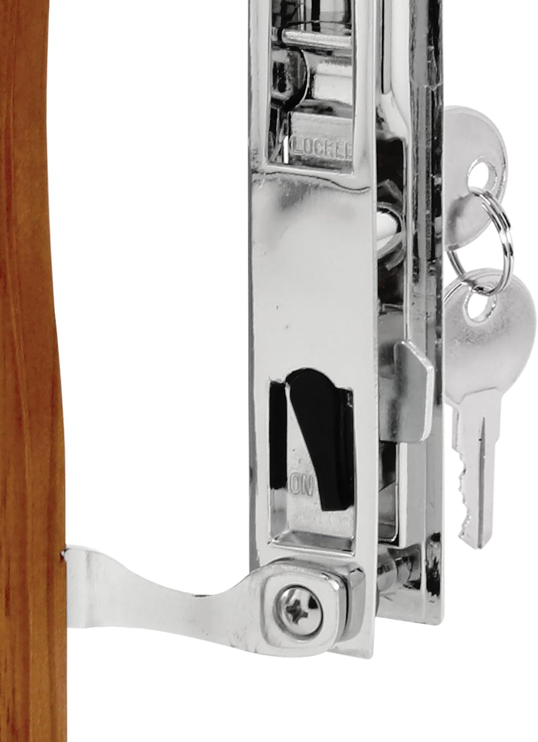 Prime-Line C 1149 Keyed Sliding Glass Door Handle Set – Replace Old or Damaged Door Handles Quickly – Wood & Chrome Plated Diecast, Hook Style, Flush Mount, Fits 6-5/8 in. Hole Spacing (1 Set) image 4