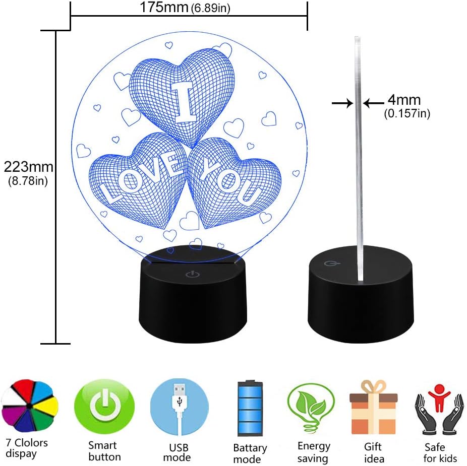 AZIMOM 3D I Love You Illusion lamp LOVE Shape Night Light 16Colors Changing Smart Touch Remote Control Optical Illusion Bedside Lamps Bedroom Home Decoration for Kids Boys & Girls Women Birthday Gifts - Image 4