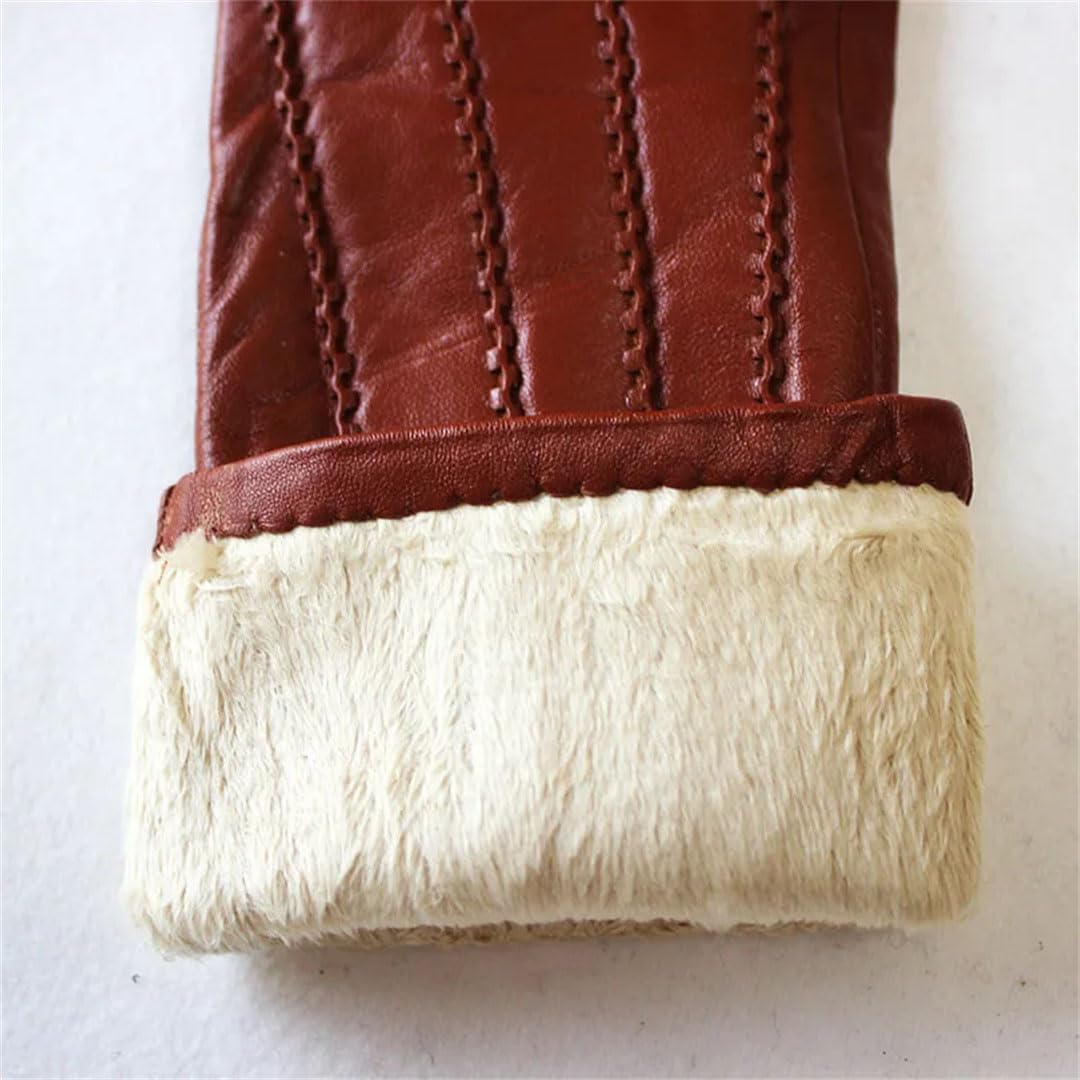 Guantes de piel de oveja para mujer, de longitud media, a rayas, de forro polar, color negro, talla 8, Negro, 36