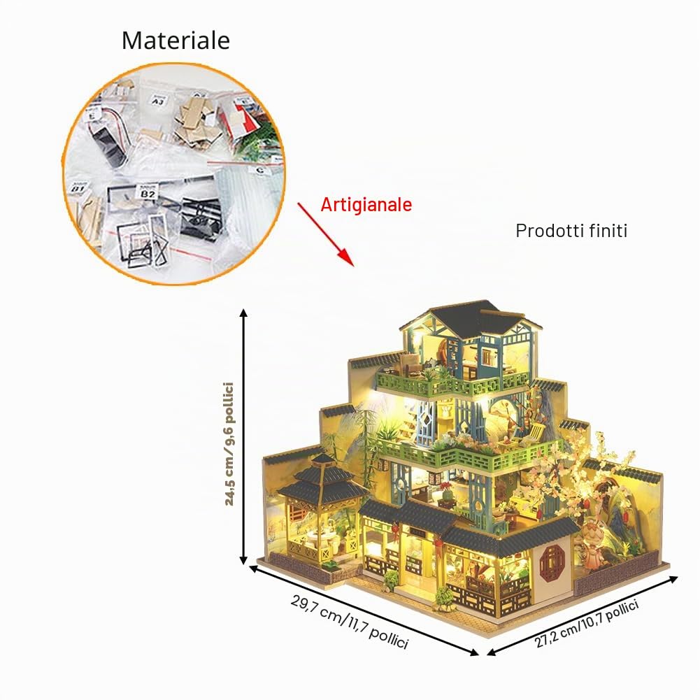 Casa delle bambole in miniatura in stile cinese a tre piani, mobili in legno, kit fai da te per casa delle bambole con LED per stanza creativa, regalo per adulti e bambini