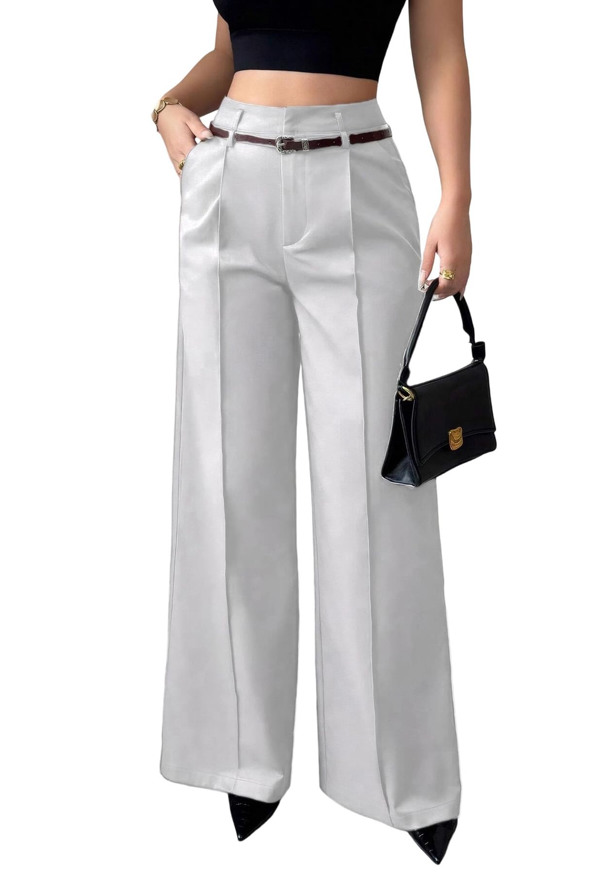 Famnbro Womens Dress Pants High Waisted Straight Wide Leg Slacks Business Casual Work Trousers Suit Pants with Belt