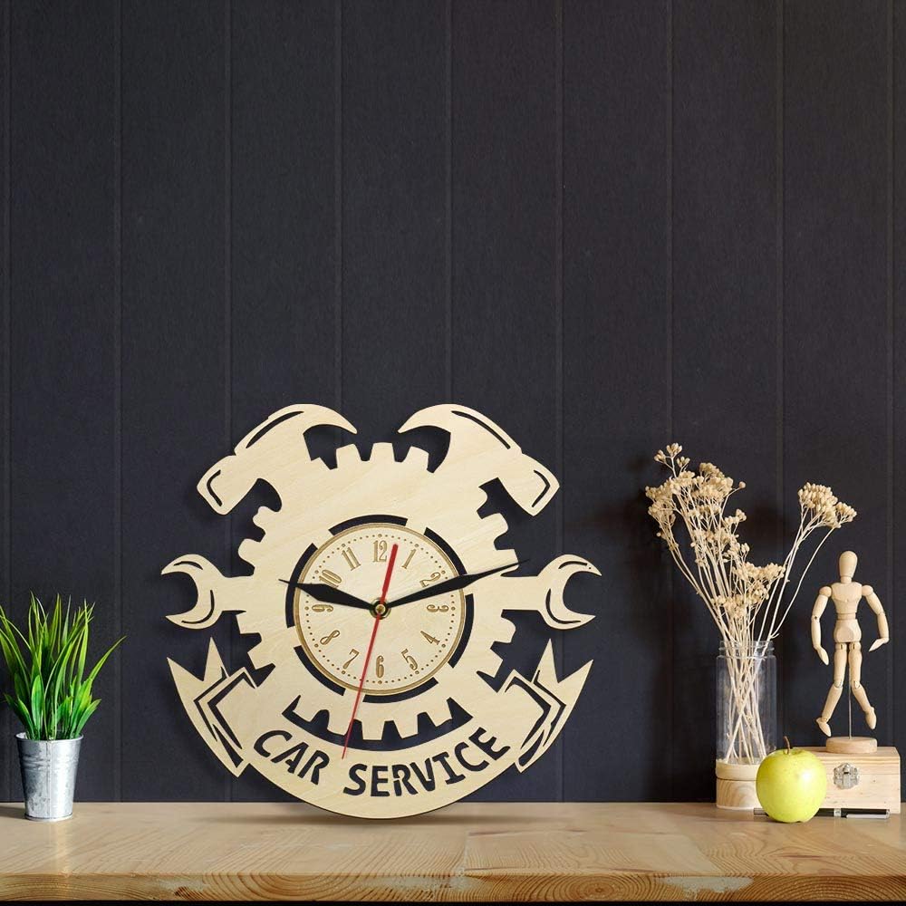 The Geeky Days Car Service Auto Repair Silent Wall Clock Garage Wall Decor Wood Wooden Wall Clock Garage Tools Tire Wrench Wall Sign Mechanic Gifts