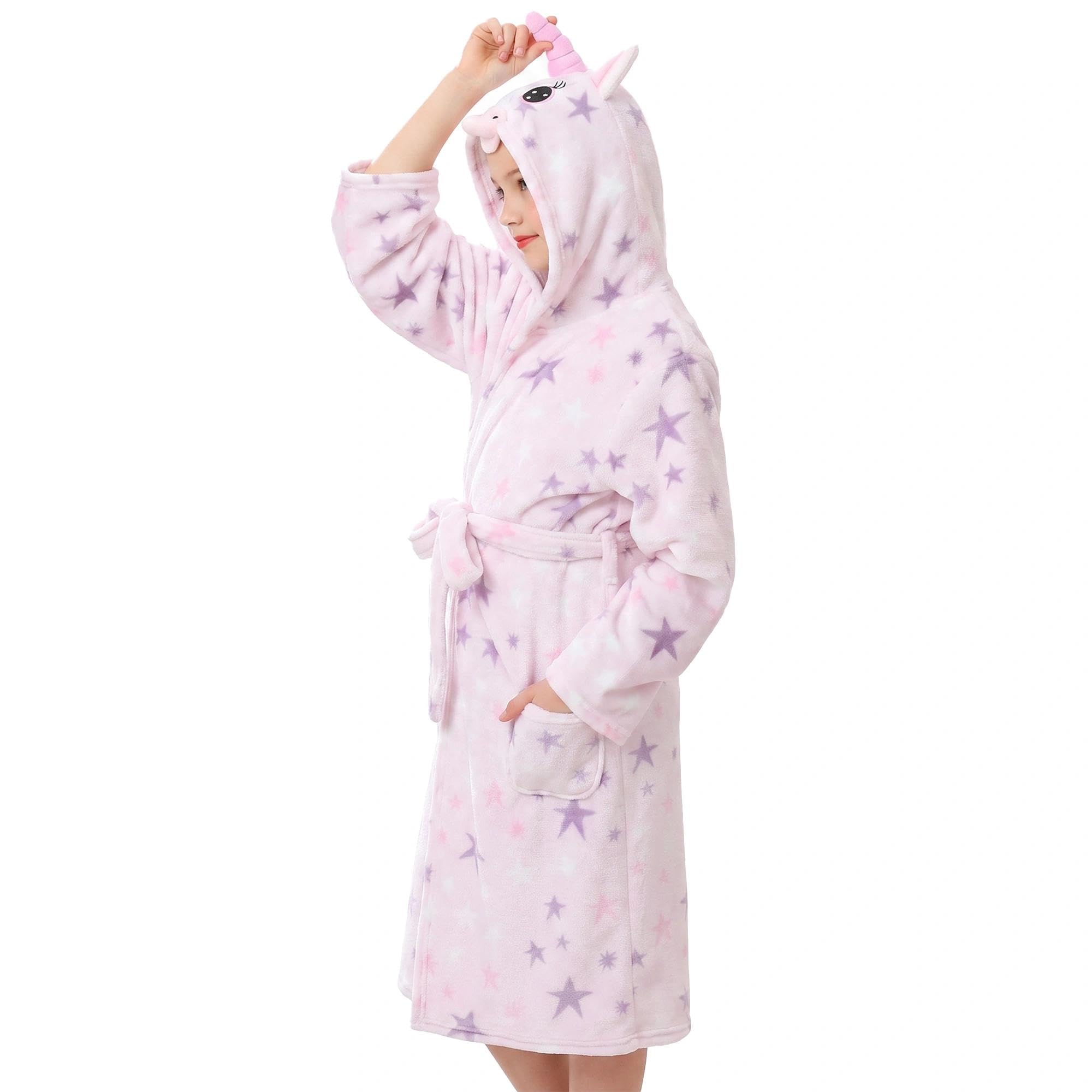 V.&amp;GRIN Girls Fleece Hooded Robe, Soft Unicorn Bathrobe for Kids 5-14 Years