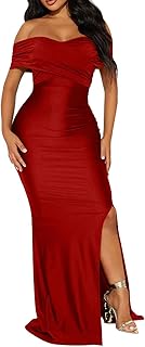 Women's Off Shoulder V Neck Wrap Ruched High Split Wedding Party Maxi Dress