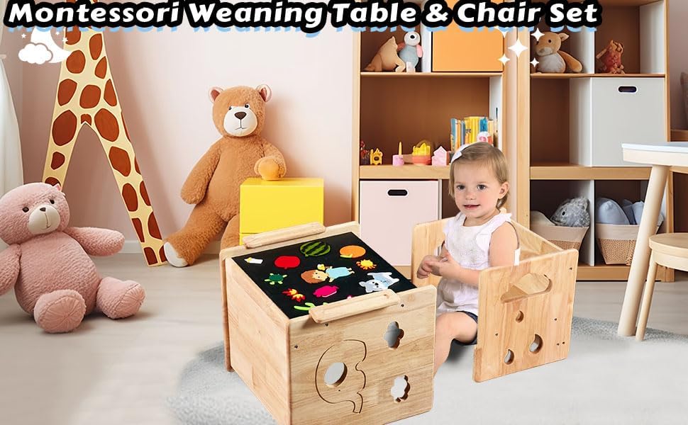 Miniatura 3 de Montessori - Juego de mesa y silla de destete, cubo de madera para niños pequeños con pizarra, mesa de actividades para dibujar, leer, manualidades,