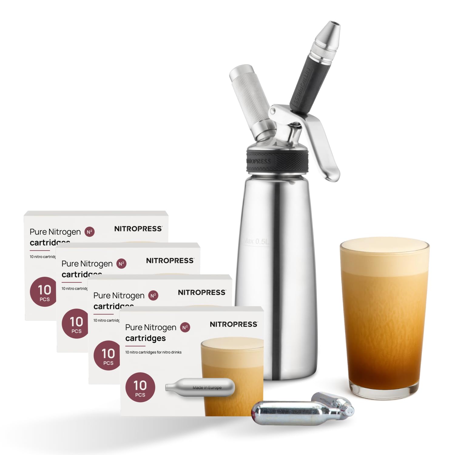 NitroPress Nitro Cold Brew Maker And Dispenser, Nitro Machine, Cold Brew Kit with 40 Nitro Chargers