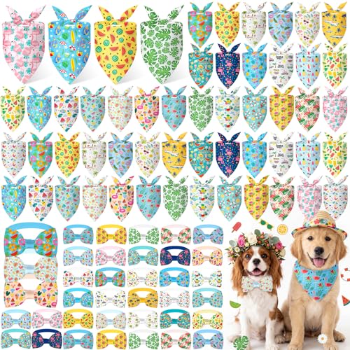 Sanwuta 100 Pcs Summer Bandanas Bulk for Dogs and Collar Bow Ties Set 50 Hawaiian Dogs Bandanas 50 Charm Collar Pet with Fruits Flamingos Scarf Bowtie for Small Medium Large