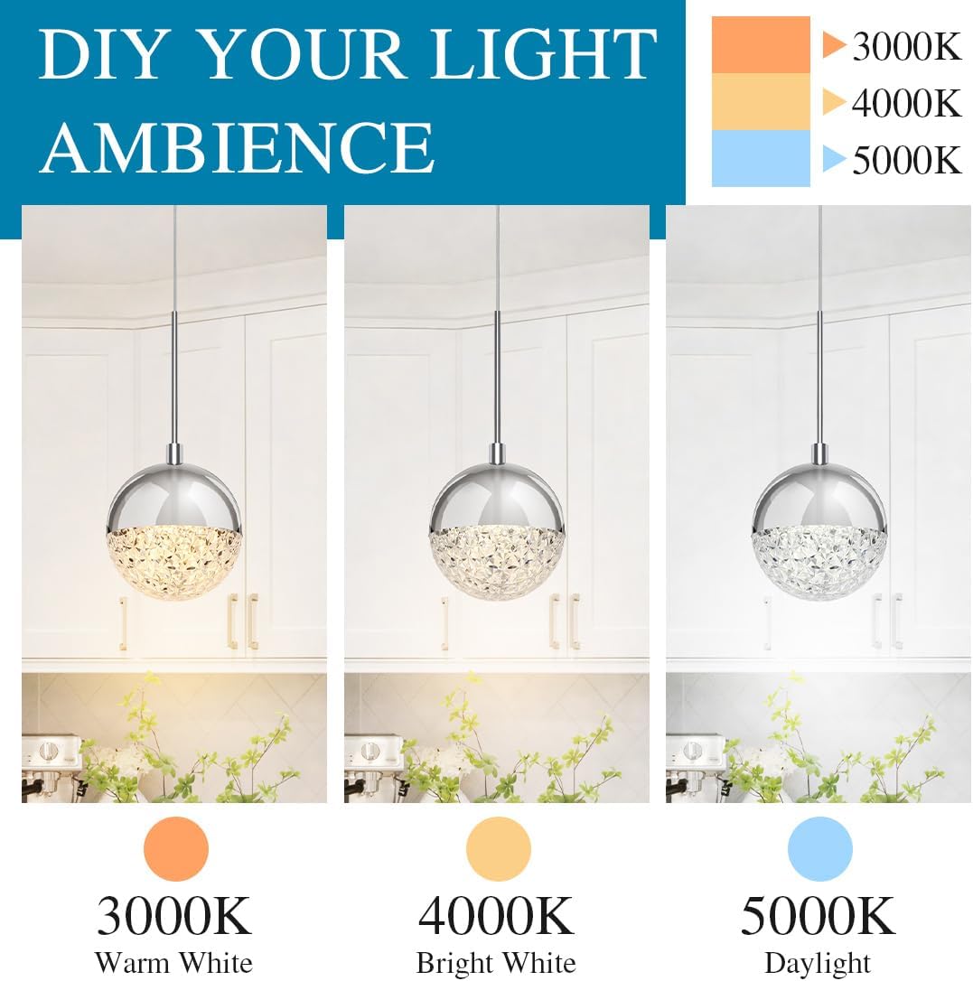 Pendant Lights Kitchen Island Chrome, Height Adjustable Modern LED Pendant Lighting, Crystal Globe Chandelier for Dining Room, 8W, 3000K/4000K/5000K Selectable, Dimmable, ETL 3-Pack