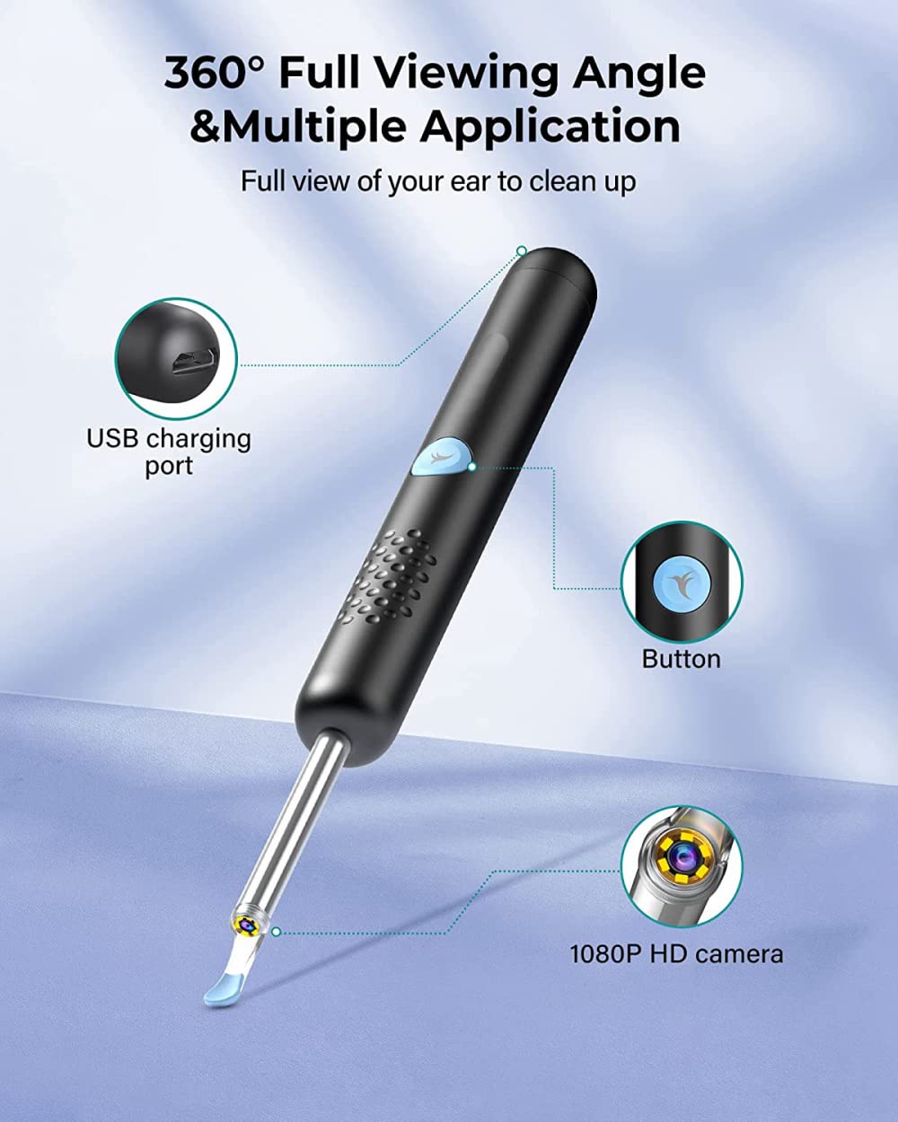 Herramienta de Cera de oído con otoscopio 1080P, de oídos con 2 cucharas de Silicona, cámara de oído con 6 Luces LED para Limpieza de oídos, Compatible con iOS, Andriod, Negro/Blanco