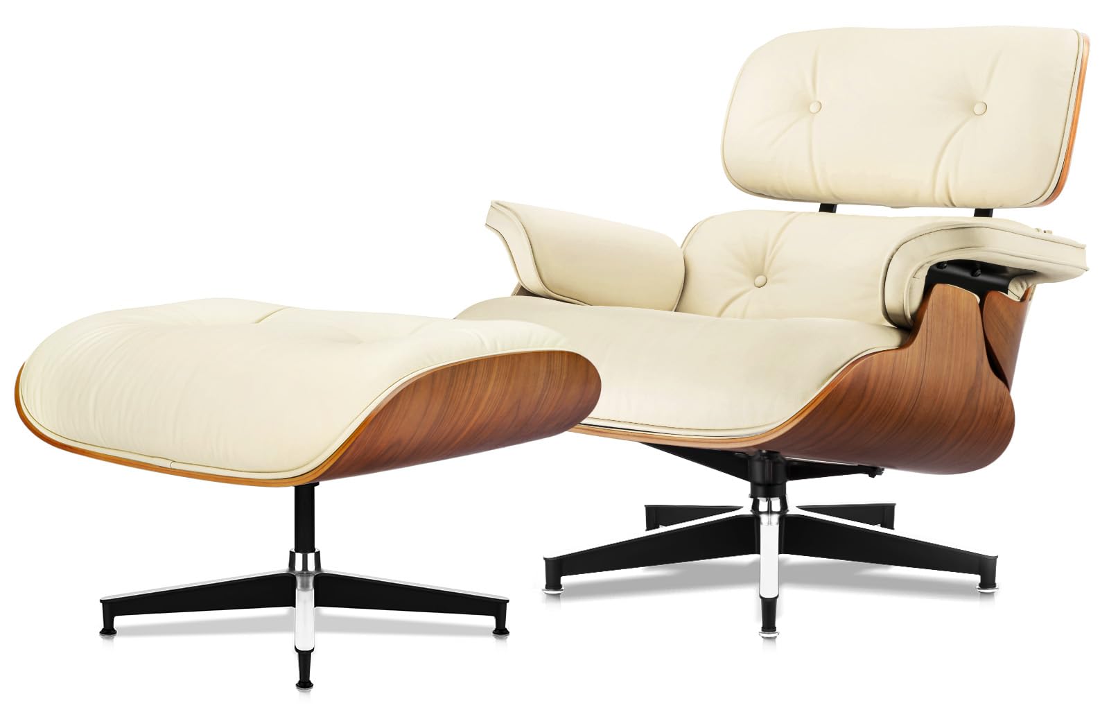 Top Cream White Grain Leather, Mid Century Chaise Lounge Chair and Ottoman, Modern Chair Classic Design, Walnut Wood, Heavy Duty Base Support for Living Room Office