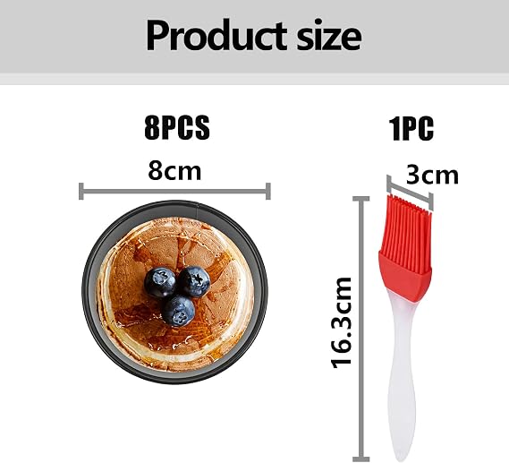 9Pcs Crumpet Rings Non Stick Set, with Silicone Pastry Brush Baking Ringses Cooking Ringses Egg Ring Cookie Rings for Baking, for Muffins Eggs Pastry and Kitchen Cooking (8CM Black)