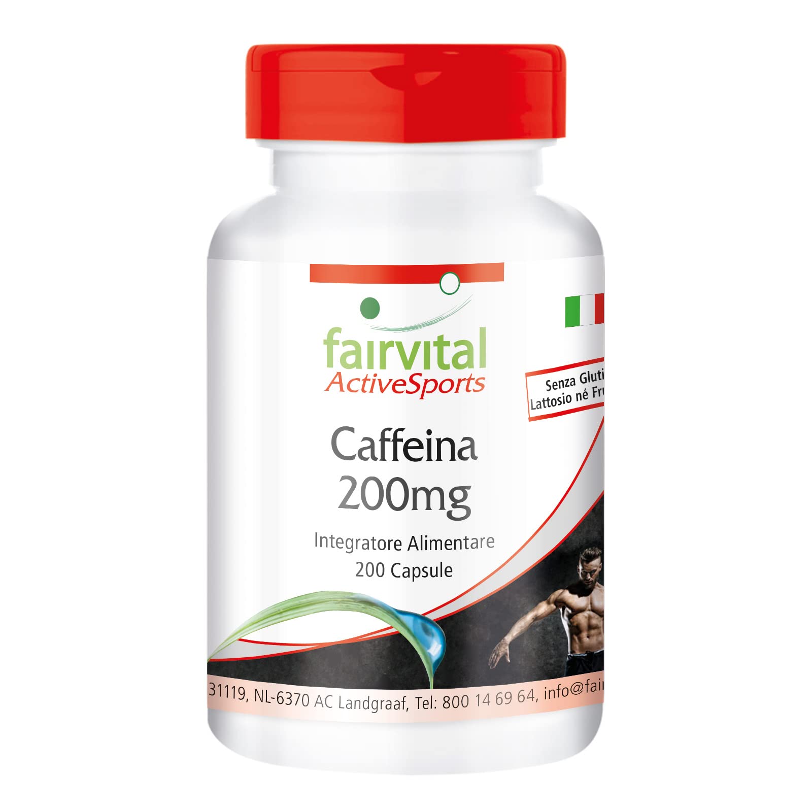 fairvital Capsule di caffeina, 200 capsule ad alto dosaggio da 200 mg ciascuna, facili da deglutire, VEGANE