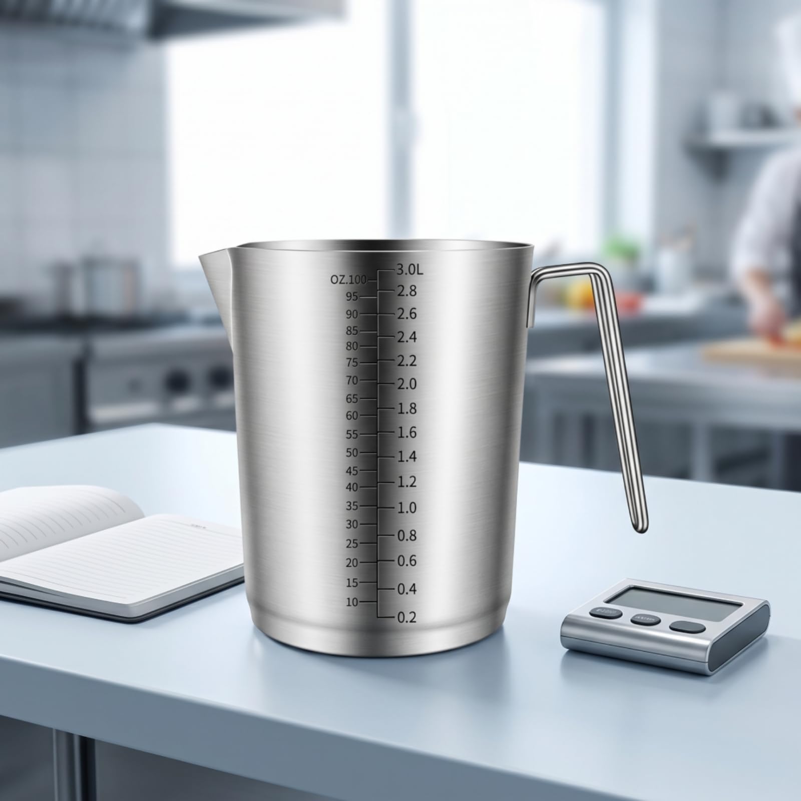 rockible Messbecher mit Griff leicht ablesbar Edelstahl-Messbecher rostfrei Messkanne mit Griff für Backen, 3L