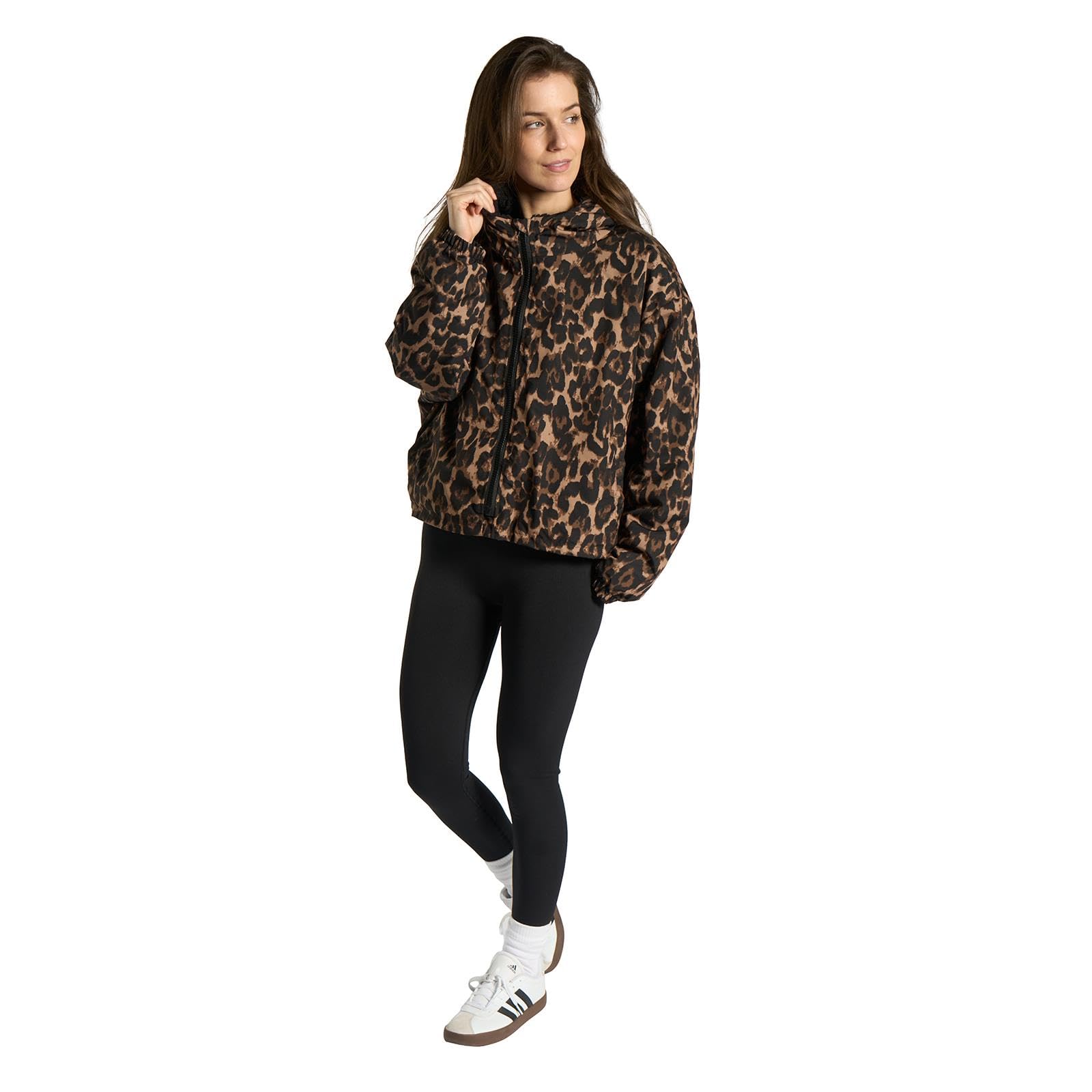 Ohs Women's Leopard Print Leopard Raincoat For Cropped Waterproof Jacket Fleece Lining Dry Robes Adult With Hood & Pockets Cropped Coat Lightweight Changing Robe For Outdoor Activities, L/Xl