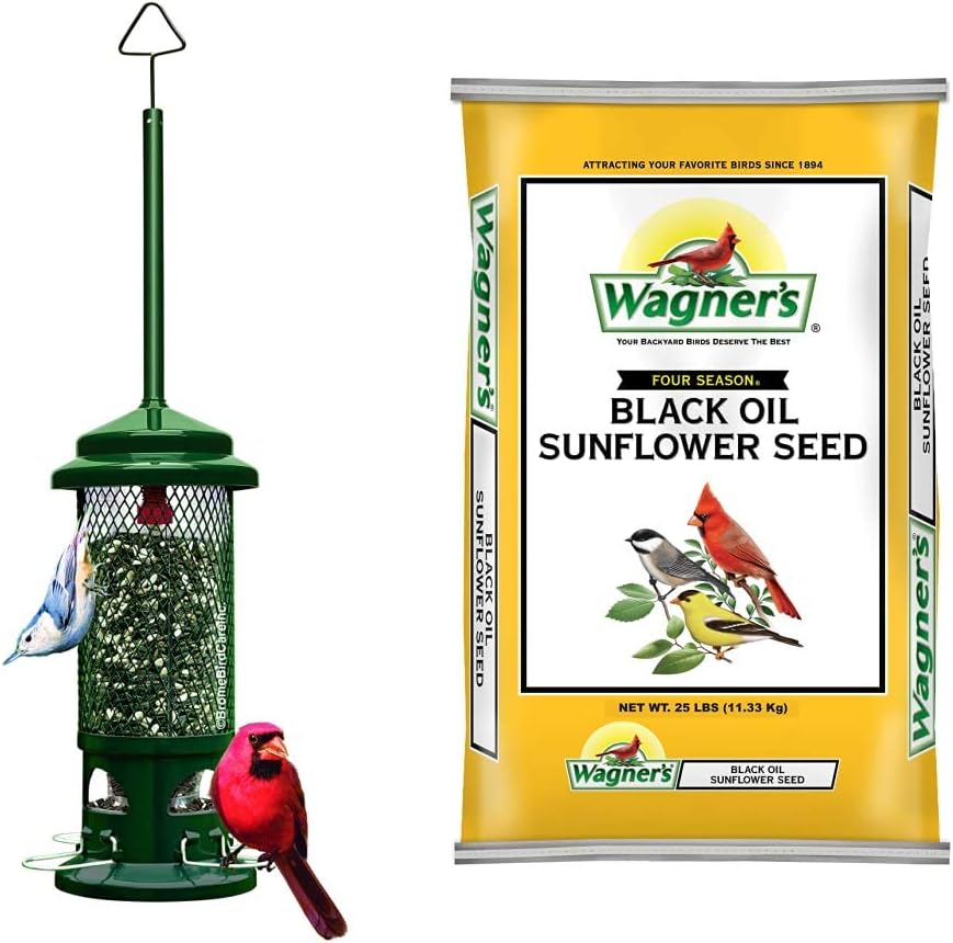 Squirrel Buster Standard Squirrel-Proof Bird Feeder w/4 Metal Perches, 1.3-Pound Seed Capacity & Wagner's 76027 Black Oil Sunflower Wild Bird Food, 25-Pound Bag