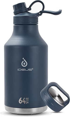 Miniatura 60 de IDEUS Botella de agua aislada de acero inoxidable con 2 tapas a prueba de fugas, termo para senderismo y ciclismo, 24 onzas, amarillo brillante