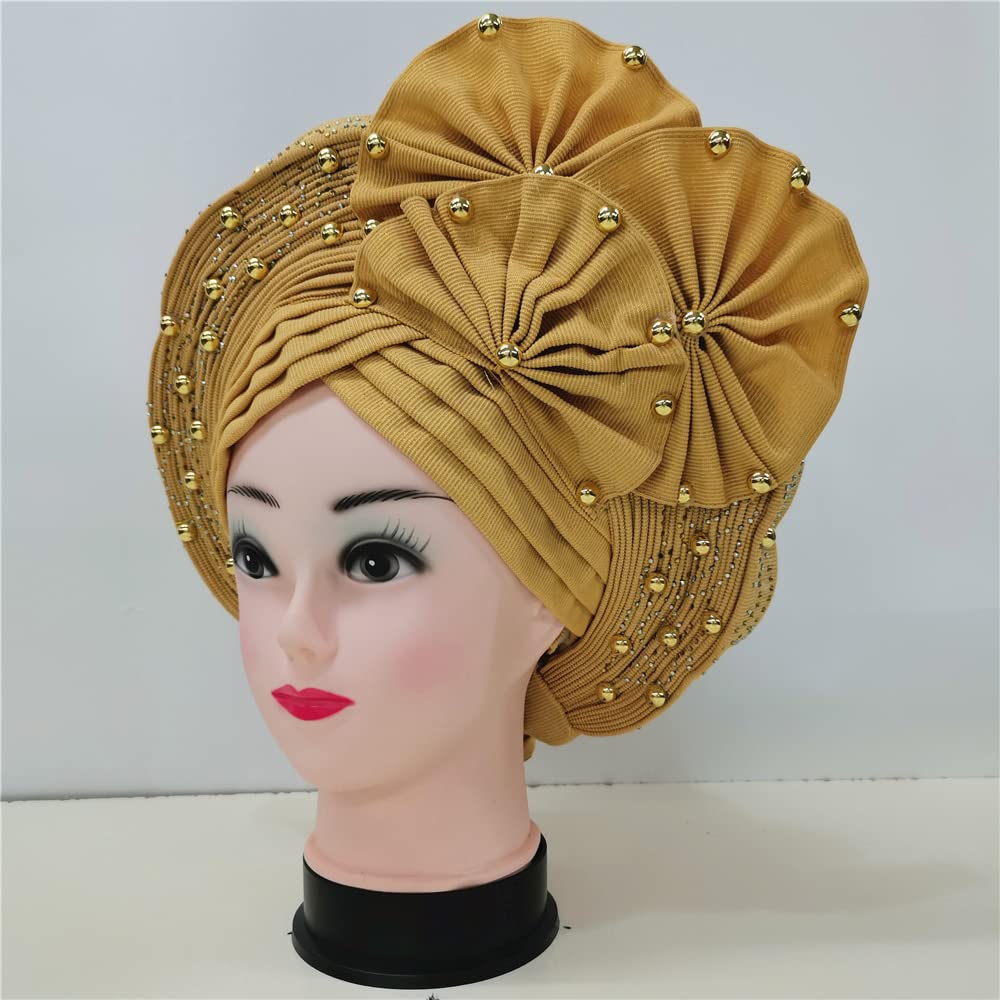 Brown and Gold Gele Headwrap - Women Hair Accessory Amazon.com : NJYFG Fashion African Autogele Headtie Nigeria  main image 3