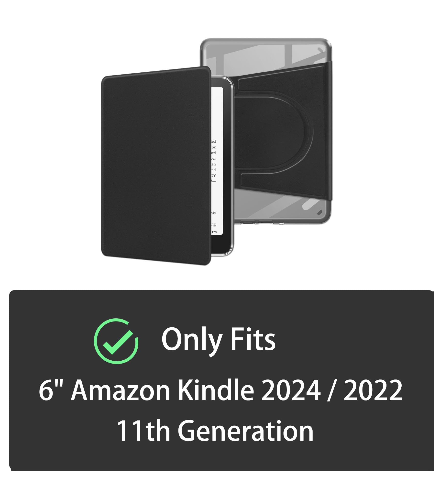 Coque pour Kindle 2024/2022, 360 Degrés 6" Etui Protection Liseuse 11. Generation, Magnétique Amovible Étui, Support Réglable Case, Transparent avec Mise en Veille/Réveil Pochette Housse, Noir