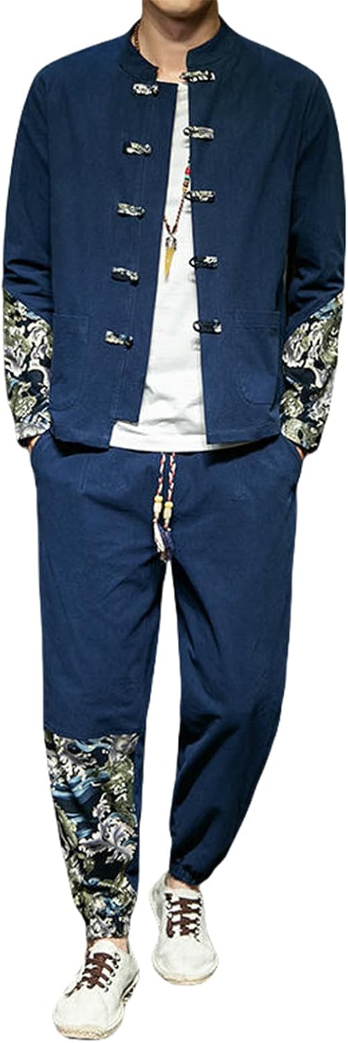 Men's Spring Chinese Style Tang Suit Trendy Vintage Patchwork Hanfu Outerwear Zhongshan Stand Collar Set