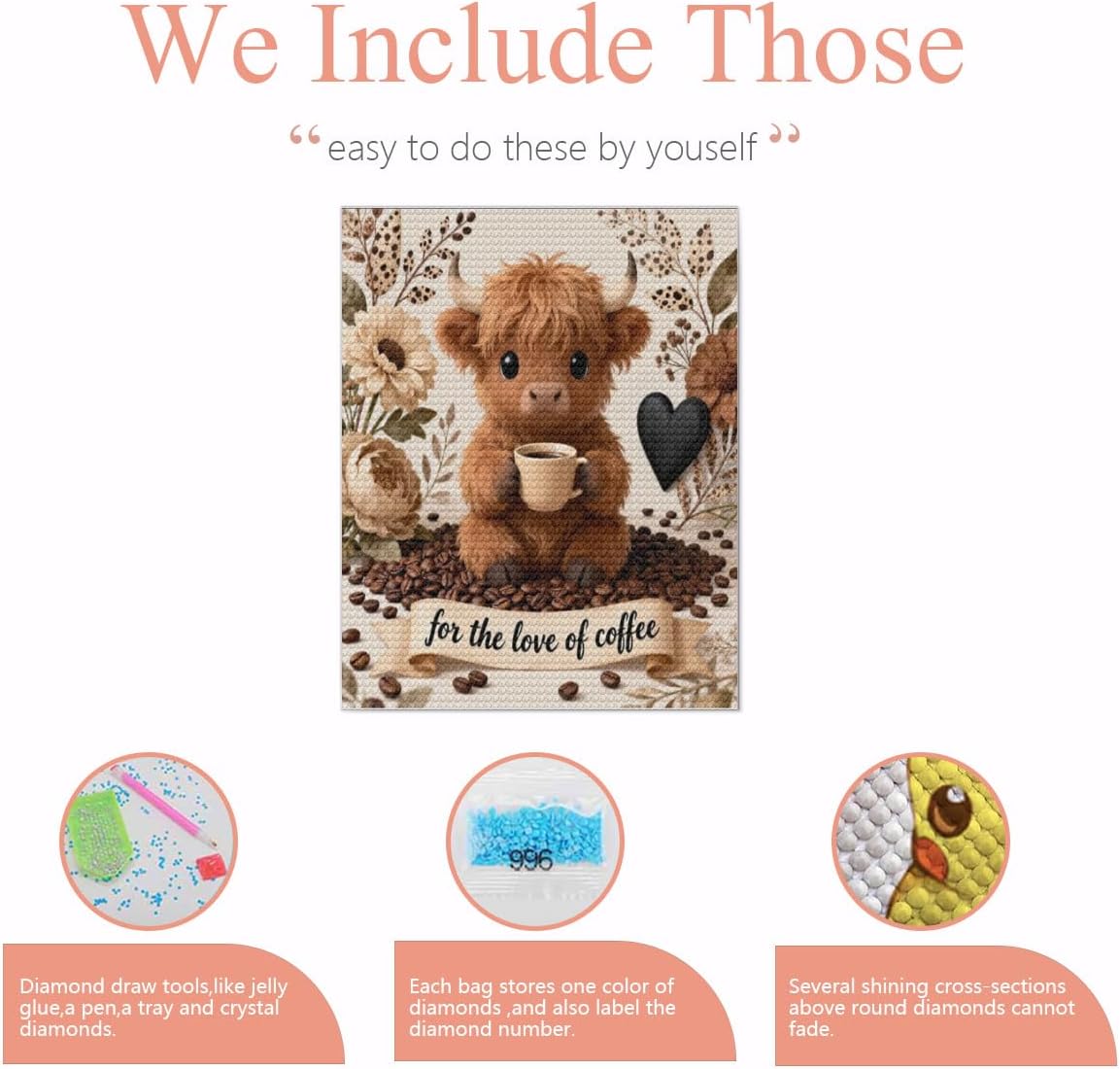 Cute Cow Diamond Art Kits for Adults, 5D Diamond Painting Kits for Beginners, DIY Full Round Drill Diamond Dot Painting Gem Art Kits for Adult, Home Wall Decor Coffee Lovers Gifts 20x24 in