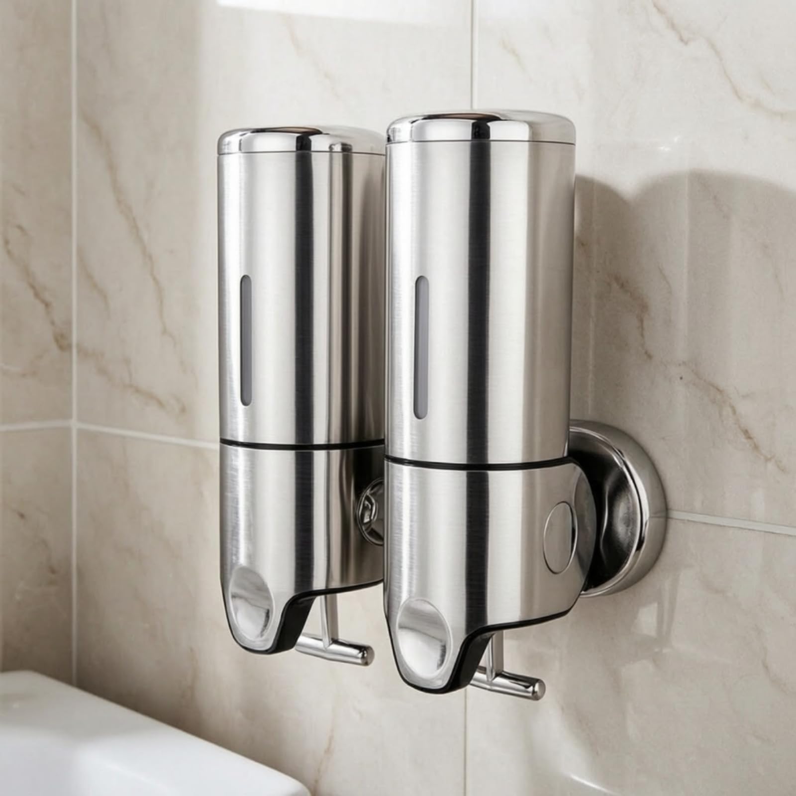 Dispenser di Sapone a Muro, Stile Moderno Minimalista, Acciaio Inossidabile, Doppio Dispenser