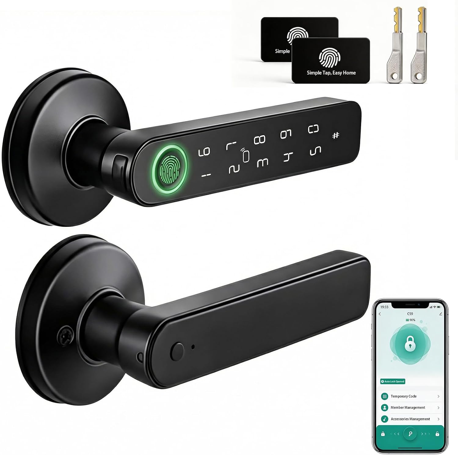 Smart Door Lock with Handle, 5-in-1 Keyless Entry Fingerprint Door Knob, Tuya App Control, Auto-Lock, Low Battery Alert, Easy Installation, for Bedroom/Front Door/Apartment