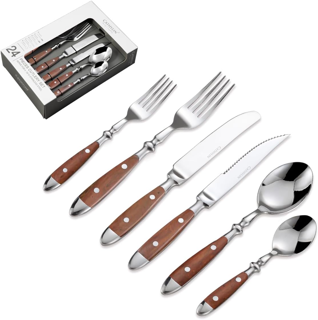 24-Piece 18/10 Stainless Steel Silverware set,Vintage Flatware set with Brown Bakelite Handle,service for 4,Cutlery set (24, Brown)
