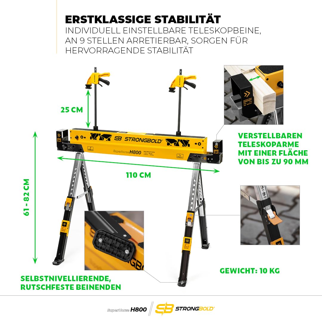 Arbeitsbock 2er-Set Superhorse H800, Klappbare höhenverstellbare Schwerlast Arbeitsböcke mit 1.180 kg Tragkraft im Paar, multifunktional, kompaktes Design mit Werkbankfunktion