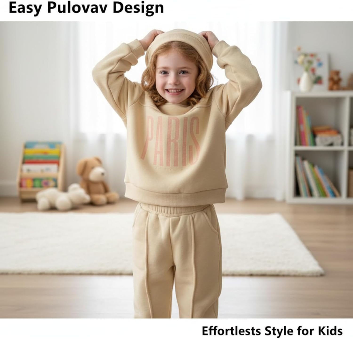 Girls Cozy Fleece Lined Sweatshirt & Sweatpants Set, Long Sleeve Crewneck Pullover Outfit with Pockets for Playwear