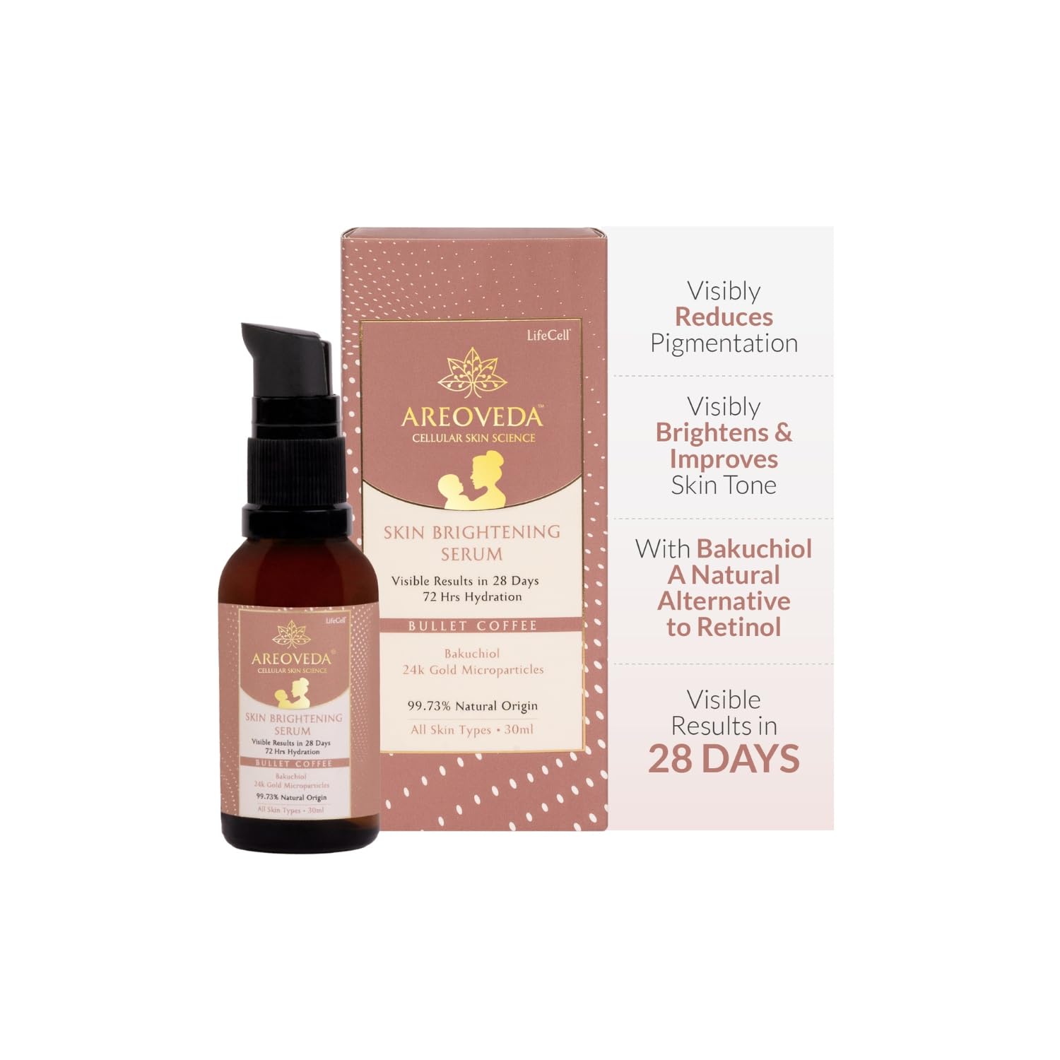 AreoVeda Skin Brightening Serum with 0.2% Bakuchiol - A Natural Alternate to Retinol & 24K Gold Micro-particles | Reduces Dark Spots, Hyperpigmentation | Evens Skin Tone | Visible Results in 28 Days | Pregnancy & Nursing Safe (30ml)