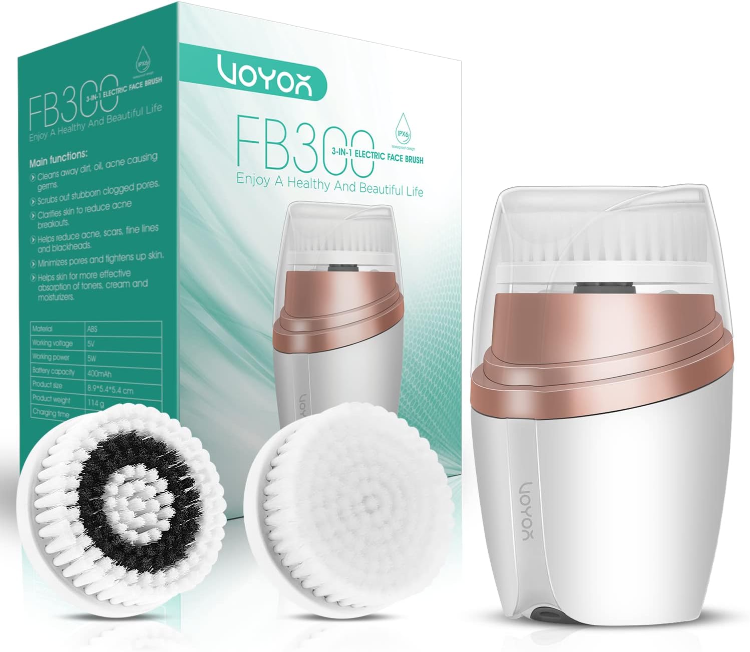 VOYOR Facial Cleansing Brush Rechargeable Sonic Face Brush Waterproof Face Cleansing Brush 3-in-1 Set for Deep Skin Cleaning, Gentle Exfoliating and Blackhead Removing FB300