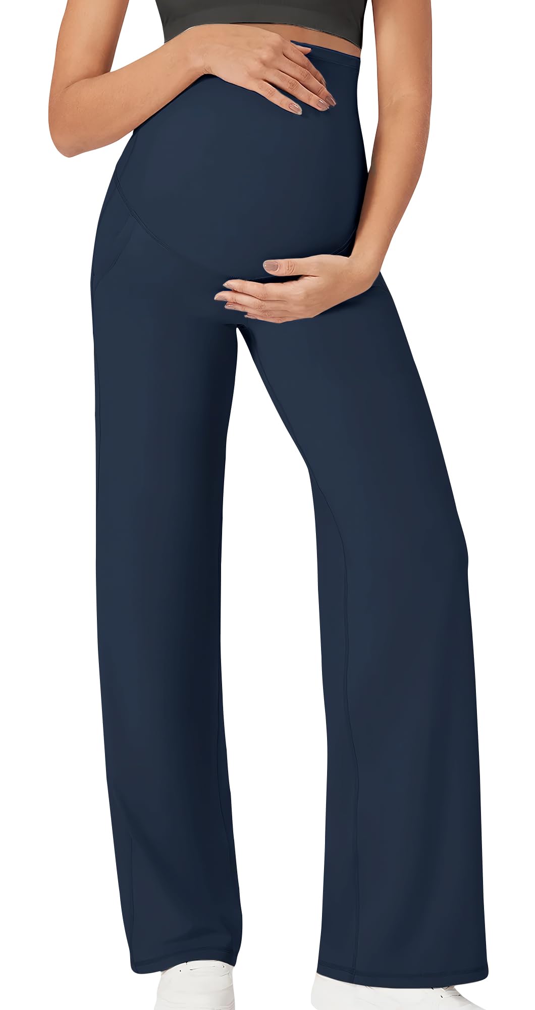 FEOYA Leggings Premaman con Tasche, Pantaloni Gravidanza Vita Alta Supporto, Gamba Larga Yoga Palestra, Elasticizzati per Donna in Gravidanza S-XL