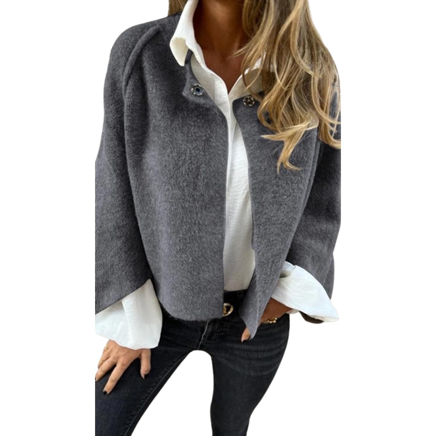 PNZLZIA Women's Round Neck Woolen Long Sleeve Coat, Soft Warm Cashmere Cardigan Jacket, Women Cropped Wool Blend Coat (Small,Gray)