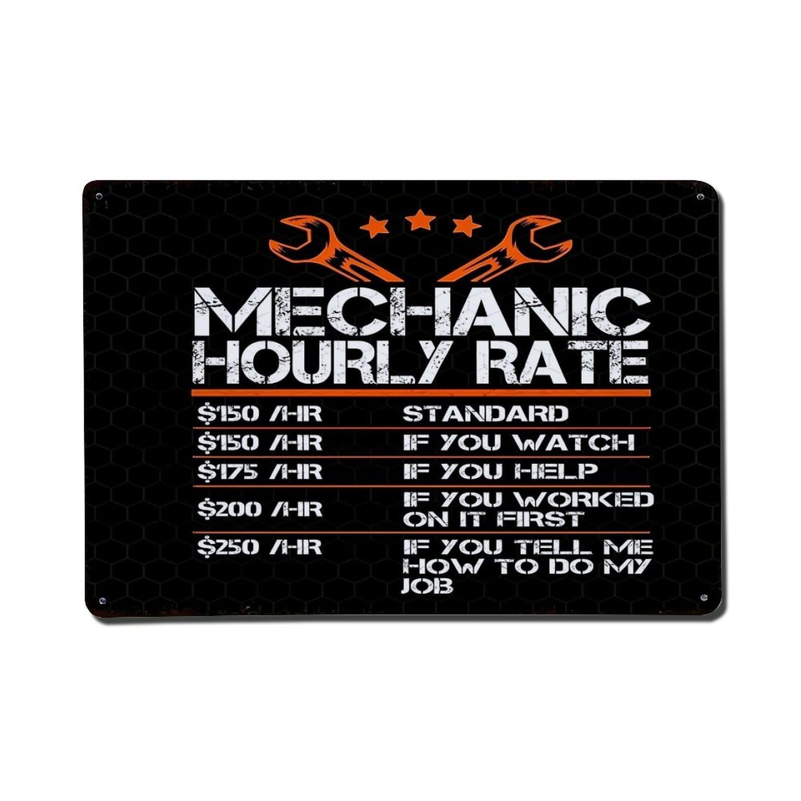 Bliveurn Vintage Mechanic Hourly Rate Funny Quote Retro Metal Tin Sign, Metal Poster For Home, Gaming Room, Studio Workshop,Bar,Garage Wall Art Decor 8X12 Inch