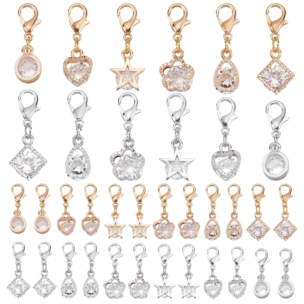 PH PandaHall Bedels met zirkonia, 50 stuks, hartvormige kristallen bedels, delicate glanzende kleine hangers met gouden kreeftsluitingen voor handtasdecoratie, sleutelhanger, sieraden, metaal