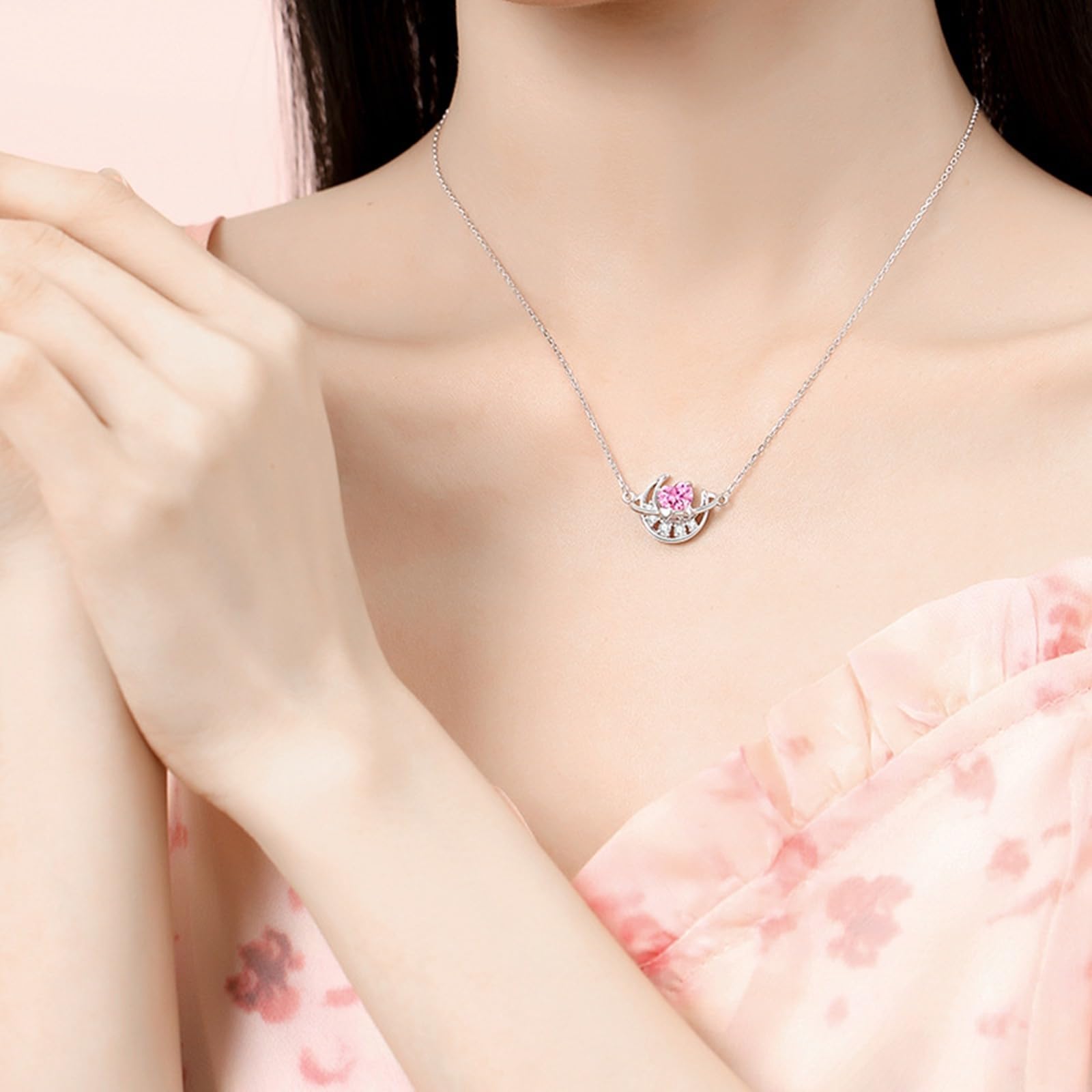 Wycian Collana in oro per la madre della sposa, con zaffiro rosa sintetico e moissanite, collana in oro per lei, 40 + 5 cm