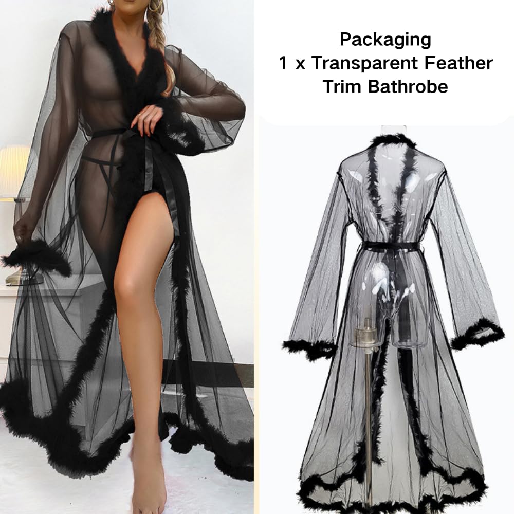 Femme Sexy Plumes Peignoir De Bain Transparent Maille Kimono Robe Col en V Mariée Nuisette Extra Longue Cache-Maillot Perspective Dentelle Lingerie Légère Bikini Cover Up Pyjamas