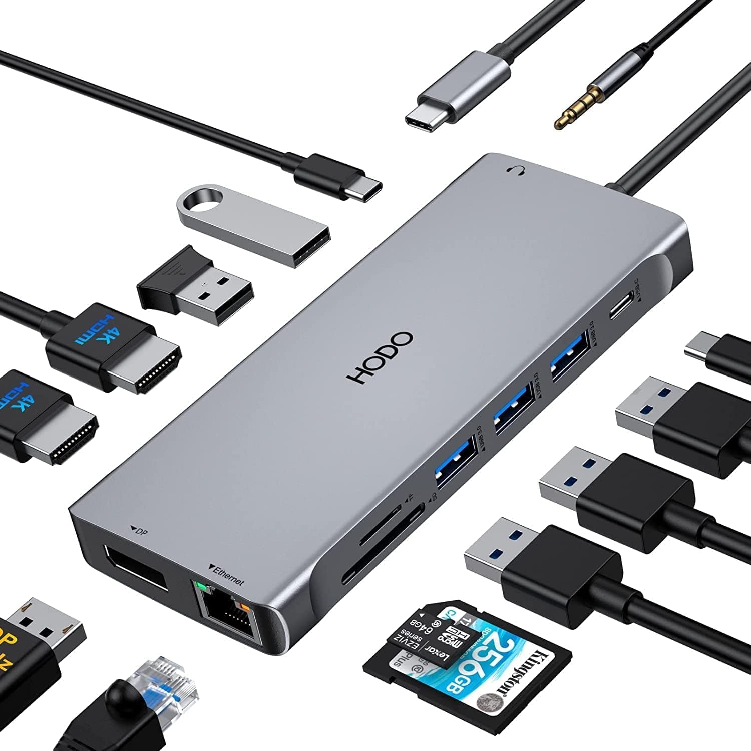 HODO 14-in-1 USB C Dual Screen Docking Station with various cables and devices connected