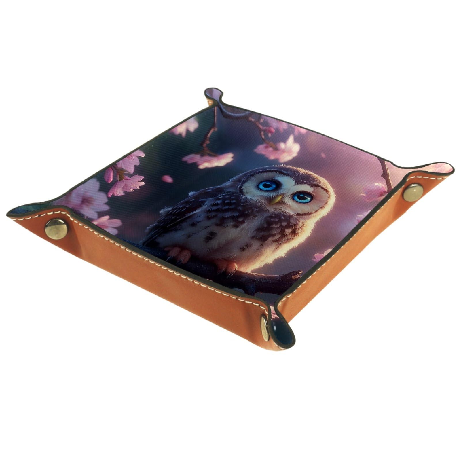 VAPOKF Owl Cherry Blossoms Portable Dice Rolling Tray, Microfiber Leather Dice Holder Game Box for D&D, RPG, Table Games or Desktop Phone Key Storage, 20.5 × 20.5 cm